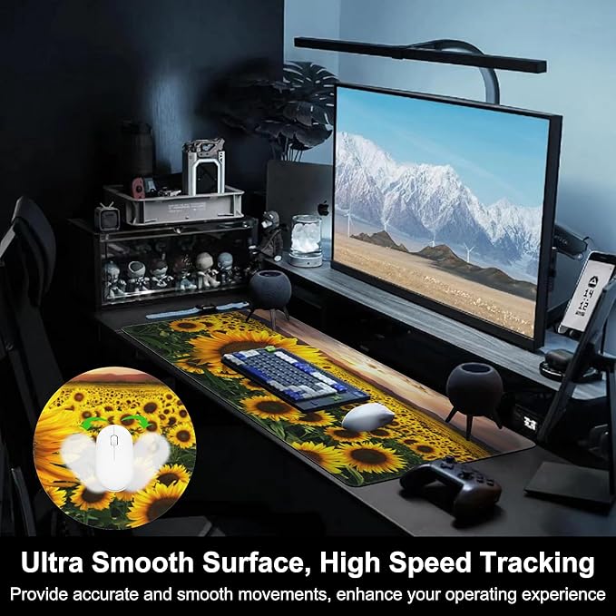 Mouse Pad, Large Blooming Sunflowers Desk Mat, Extended Non-Slip Gaming Keyboard Mousepad Desk Pad, Thick Stitched Edges Waterproof Mouse Mat 31.5"x15.7" (Midsummer Sunflowers at Sunset)