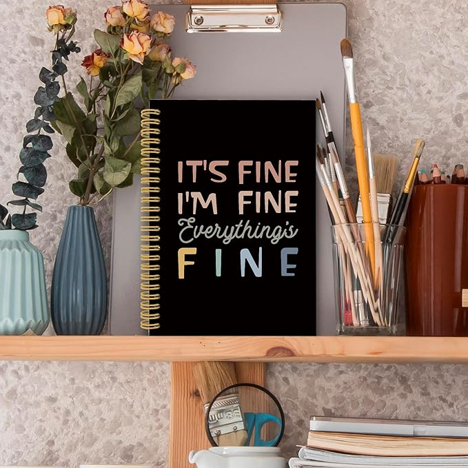 XPH Funny Black Spiral Notebook, It's Fine I'm Everything Is Fine Journaling Notebooks for Women Men, Humorous Hardcover Journals for Office 160 Pages 5.5 x 8.3 Inch, Sarcastic Gifts for Coworkers