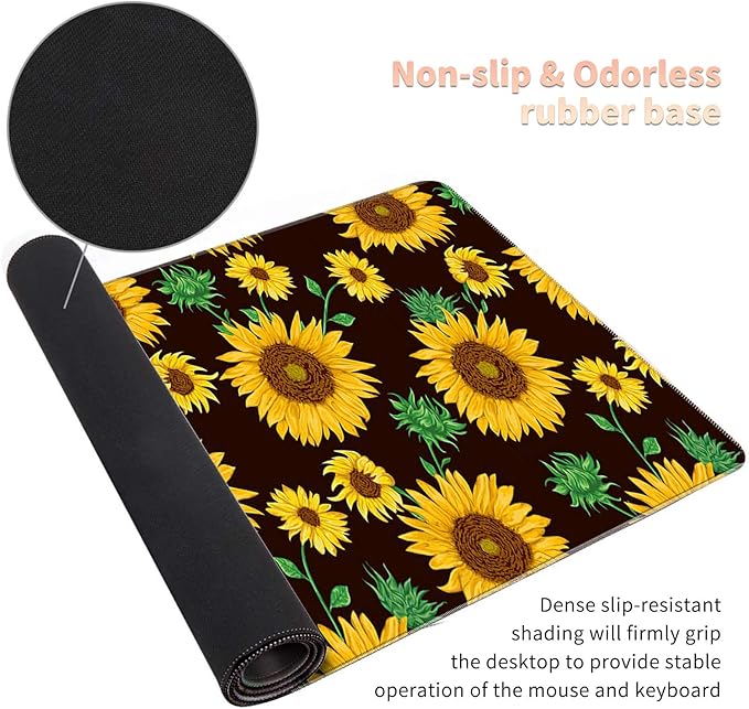 Large Gaming Mouse Pad with Stitched Edges, Desk Pad Protector, Computer Keyboard Mouse Mat Non-Slip Cute Desk Decor for Home/Office/Study Accessories+ Coaster, Sunflower Yellow