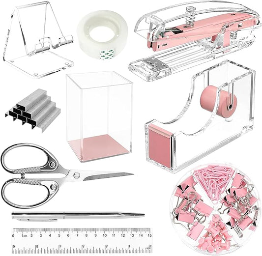 DRQ Pink Desk Organizers and Accessories Office Supplies, 10Pcs Set for Office with Stapler, Tape Dispenser, Pens, Pen Holder, Phone Holder, Tape, Ruler, 1 Box Staple, Scissors and 1 Box of Clip