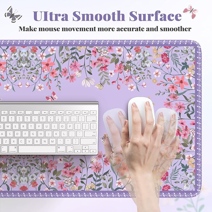 HAOCOO Purple Desk Mat for Keyboard and Mouse, Floral Keyboard Mat with Edge Stitching, Non-Slip Large Mouse Pad for Desk for Gaming,Women Office