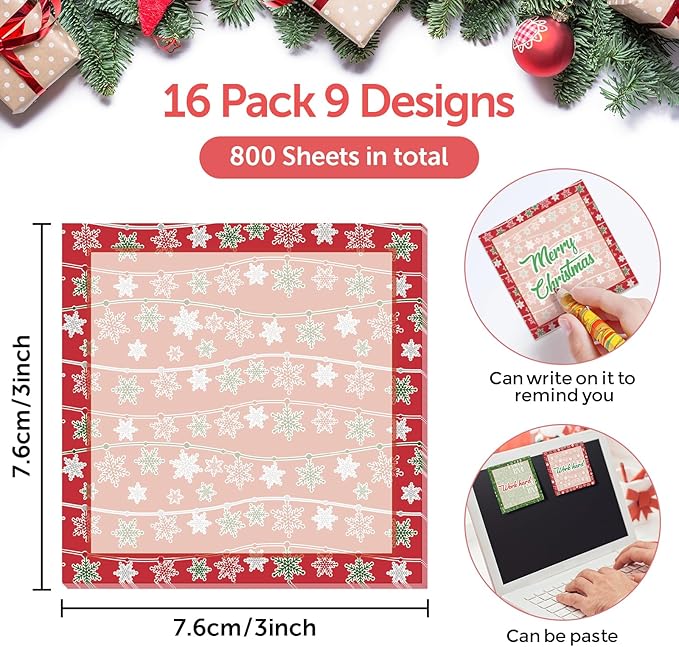 9 PCS Christmas Sticky Note Christmas Note Pads Christmas Notepad Set Cute Self Adhesive Memo Notepads for Xmas Winter Holiday Party School Work Study Supplies Kids Gifts，450 Sheets (Christmas-1)