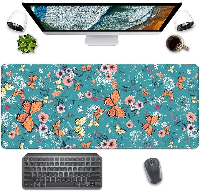 Colorful Butterflies and Flowers Extended Desk Pad Mouse Pad,Stitched Edges Non-Slip Rubber Base XL Mouse Mat Desk Mat for Office Home Work Blue Mousepad(27.5X11.8 Inch)