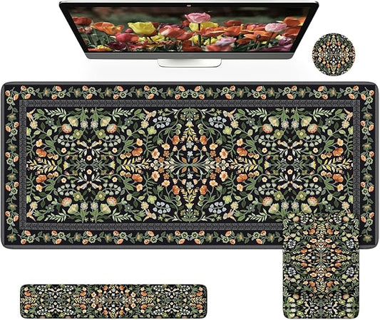 iCasso Mouse Pad with Wrist Rest,Large Desk Mat Set,Ergonomic Keyboard Pad with Wrist Support,Non-Slip Mouse Mat for Women,Cute Floral Computer Mat for Home Office Gaming (Black)