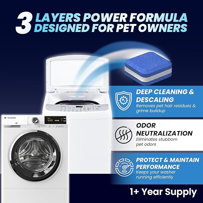 Washer & Dishwasher Cleaner Tablets - 2-in-1 Deep Cleaning for Pet Owners - Remove Pet Hair, Smells & Hard Water Build-Up - HE & Septic Safe - Scented Descaler Pods with Citric Acid - 56 Tabs, Citrus