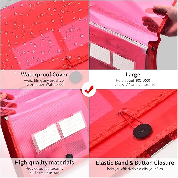 Expanding File Folder Document Organizer with Elastic Cord & Button Closure, Letter Size, 2.8" Expansion, Letter A4 Expandable File Folder for Home School Office Organization, 5 Pack