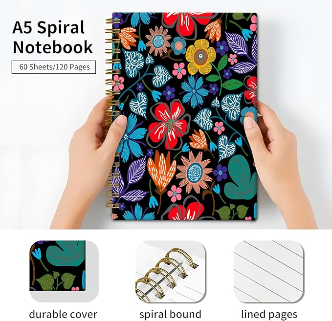 Spiral Journal Notebook, Hardcover Lined Journal for Women, Medium 6 x 8.4 in, 120 Pages Thick Paper, College Ruled Notebook for Writing, Work, Office, and School,Colorful Flowers