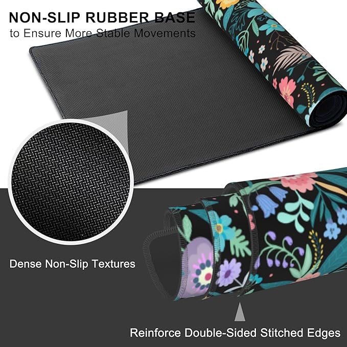 Mouse Pad, Large Colorful Flowers and Plants Desk Mat, Extended Non-Slip Gaming Keyboard Mousepad Desk Pad, Thick Stitched Edges Waterproof Mouse Mat 31.5"x15.7" (Beautiful Floral)