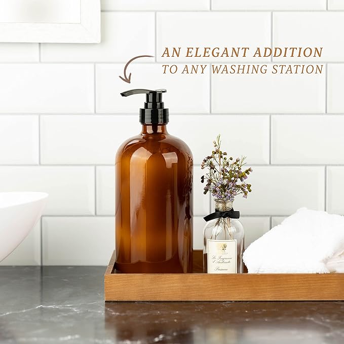 32 Ounce Glass Pump Dispenser Bottle, Large Amber Container with Pump for Shower and Bath Shampoo Soap Conditioner Lotion - 1 Liter - by Kitchentoolz