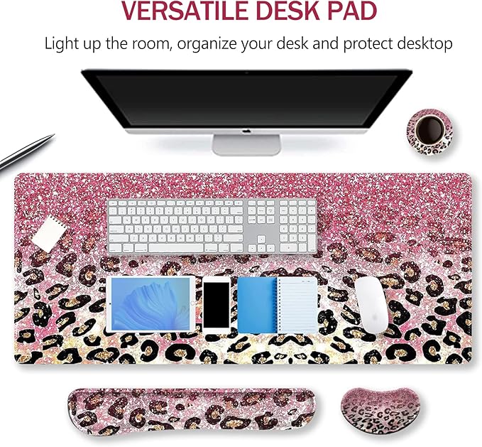 ARTSO Extended Gaming Mouse Pad Set, Keyboard Wrist Rest Support Pad + Wrist Cushion + XXL Large Mouse Pad + Coaster, Stitched Edge, Non-Slip, Memory Foam Desk Mat, Pink Leopard Print