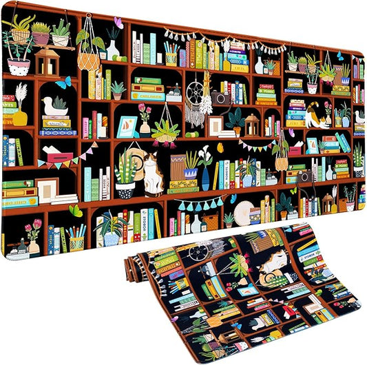 Vimorco Desk Mat Mouse Pad Cozy Cats, Cute Cat XXL Extended Large Gaming Desk Pad Mousepad, Computer Laptop Keyboard Mouse Mat for Work/Game/Office/Home 31.5x15.7 in, Bookshelf Greenery