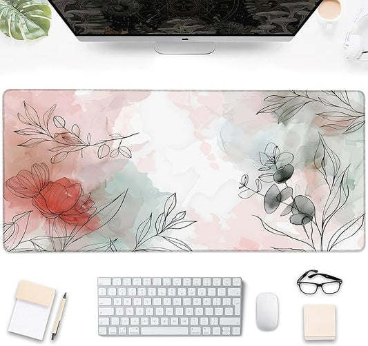 Gaming Mouse Pad, Colorful Abstract Boho Flower Leaves Large Desk Mat for Keyboard and Mouse,Non-Slip Rubber Base and Stitched Edges Desk Pad for Home Office 35.4x15.7in