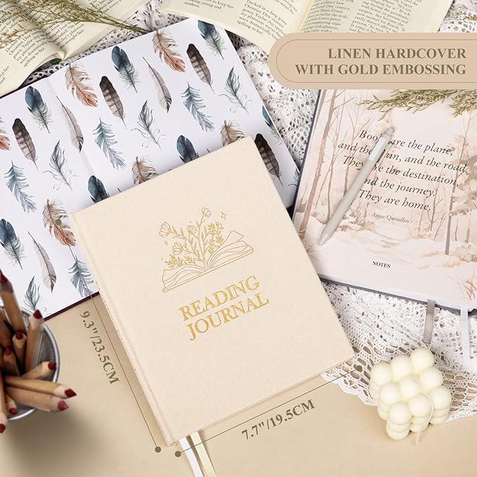 Lanpn Reading Book Journal for Book Lovers Readers, 158 Pages Linen Hardcover Books Tracker with 52 Reviews, 9.3" x 7.7" Read Log Notebook Bookish Gifts (Beige)