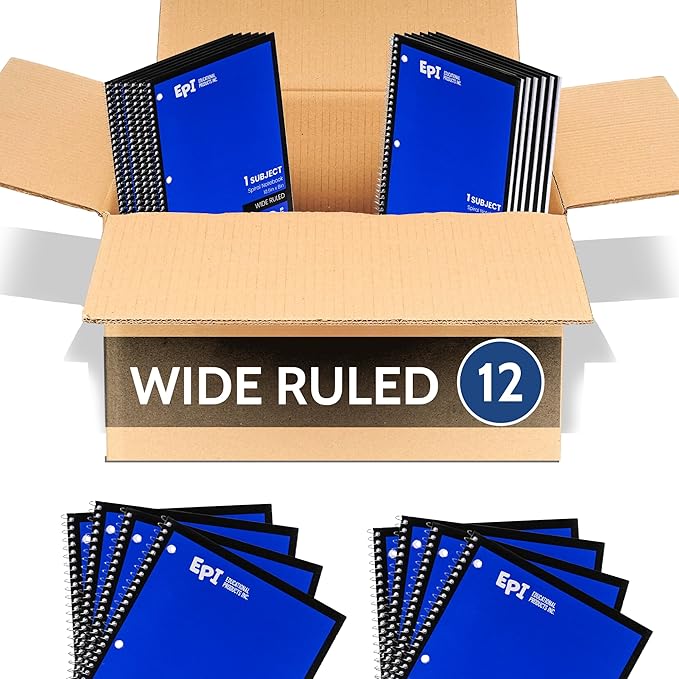 EPI Spiral Notebook | Wide - 70 Sheets, Durable Spiral Binding | 10.5 x 8 in | Classroom Supplies | School, Office, Note Taking, Journaling - 12 Pack