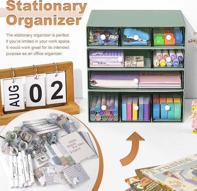 Desk Organizer with 9 Drawers, 4 Tier Plastic Stackable Storage Drawers for Desk Storage, Office Stationary Makeup Organizer Suit for Home, Office and School