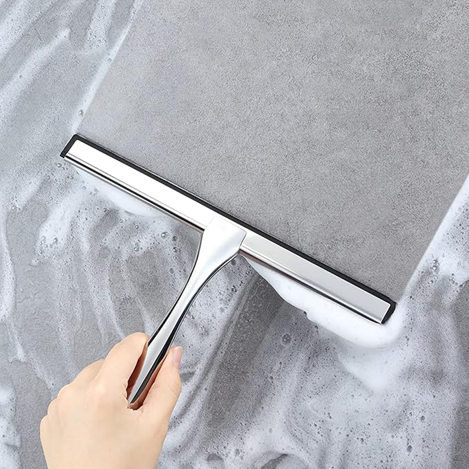 steauty Shower Squeegee for Glass Doors,10-Inch Shower Glass Squeegee, Sliver Shower Squeegee for Shower Doors,Mirror,Windows, with Shower Door Hook and Adhesive Hook