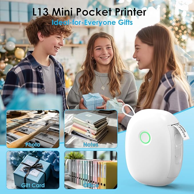 Mini Label Maker Machine with Tape – L13 Portable Bluetooth Label Printer, Wireless Thermal Sticker Maker for School, Home, and Office – White