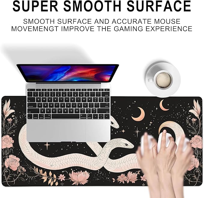 Gaming Mouse Pad, White Snake and Starry Moon Flower Large Desk Mat for Keyboard and Mouse,Non-Slip Rubber Base and Stitched Edges Desk Pad for Home Office 35.4x15.7in