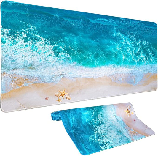 Blue Ocean Mouse Pad Desk Mat Starfish Beach Big Gaming Mouse Pad Anime Desk Pad Mousepad XXL Extended Keyboard Mat, Computer Laptop Mouse Mat for Work, Game, Office, Home, Waterproof, 31.5 x 15.7 in