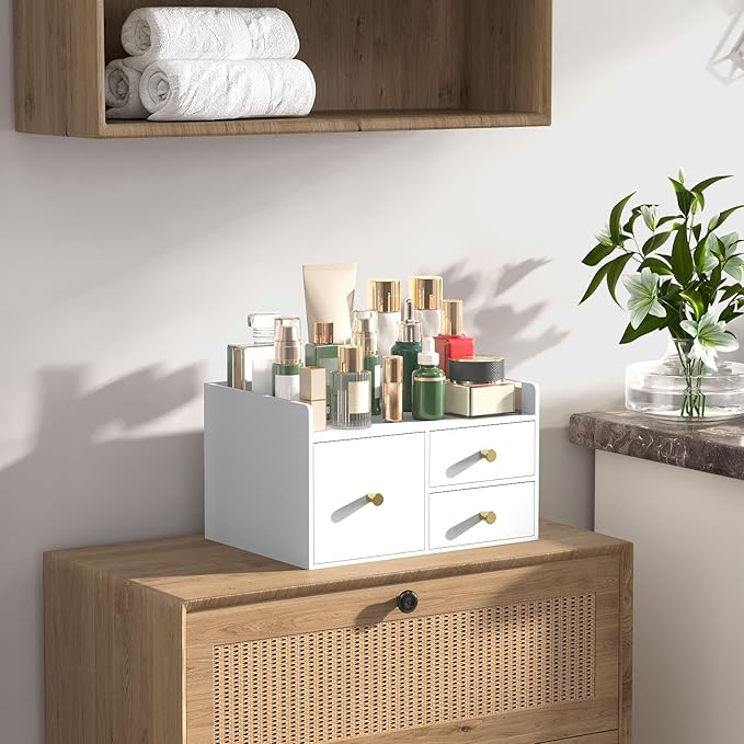 Bamboo Desk Organizer with Drawers Wooden Desktop Storage Organization Box for Bills Office Supplies Kitchen Utensils Organizing Tool for Home Classroom Vanity, No Assembly Required (3 Drawer, White)