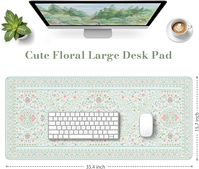 HAOCOO Light Green Computer Pad for Women, Cute Desk Mat with Stitched Edges,Waterproof 35.4" x 15.7" Big Mouse Pad, Anti-Slip Drom Topper Matt, Desk Protector Office Decor