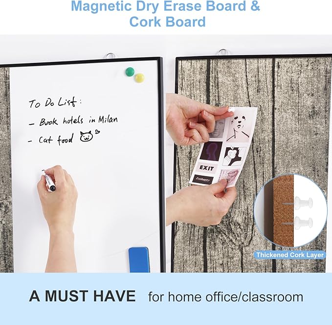 ARCOBIS Cork Board White Board Combo, 24"X18" Linen Bulletin Board Whiteboard for Wall, Double-Sided Magnetic Dry Erase Corkboard for Home, Office, School, Rustic Grey