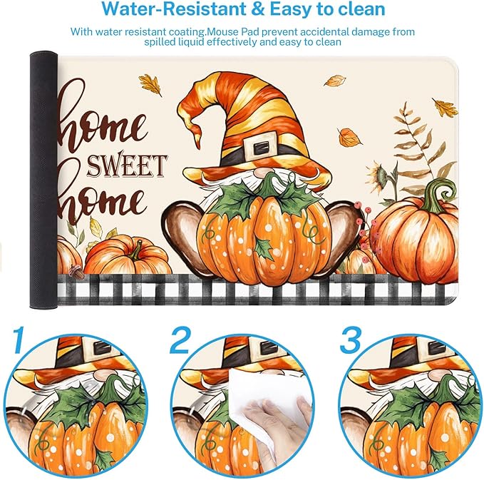 Britimes Fall Gnome Pumpkin Polka Dot Large Mouse Pad Non-Slip Desk Pad Keyboard and Mouse Desk Mat Autumn Leaves Black White Grid Gaming Mousepad for Game,Office & Home,31.5 x 15.7 in