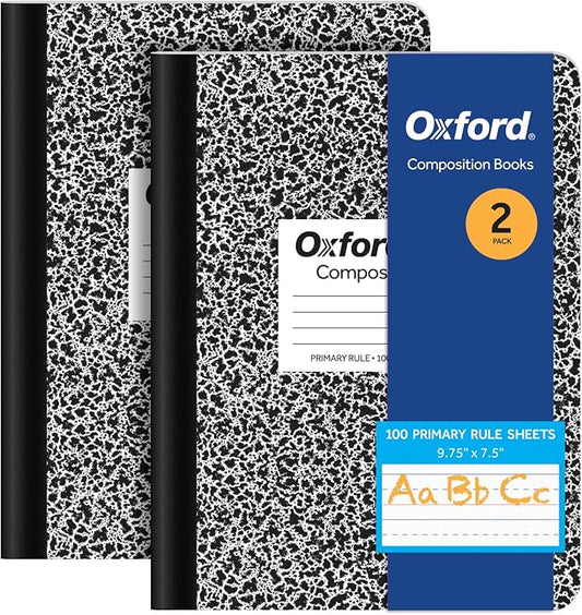 Oxford Primary Ruled Composition Notebooks, 9-3/4 x 7-1/2 Inches, Writing Practice for Kids, Grades K-2, Black Covers, 100 Sheets, 2 Pack (1002521)