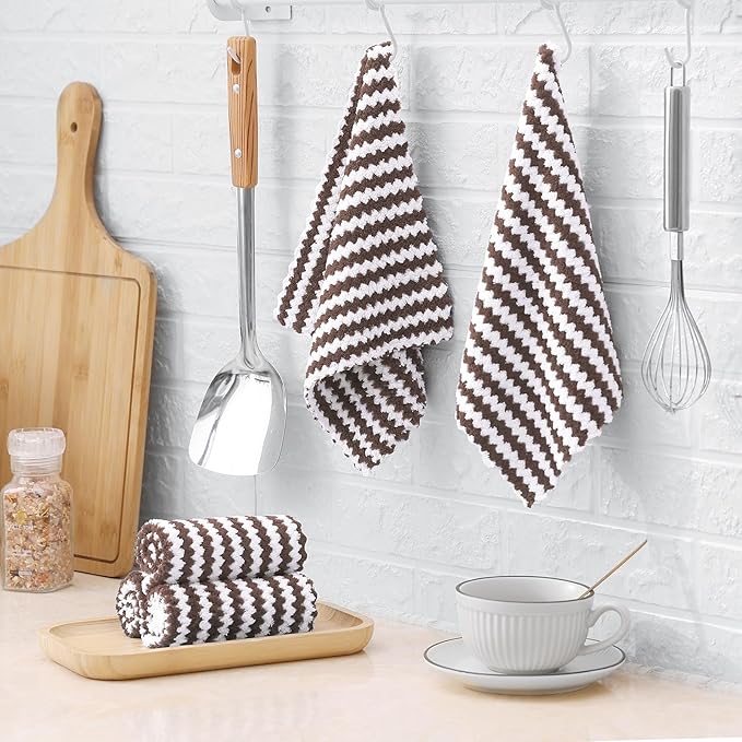 Homaxy 18 Pack Kitchen Dish Cloths, Ultra Soft and Absorbent Dish Towels, Reusable Fast Drying Microfiber Cleaning Cloth, Coral Velvet Wave Design Lint Free, 10 x 10 inches, Brown