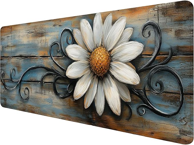 Rustic White Daisy Desk Pad Floral Farmhouse Spring Country Extended Gaming Mouse Mat with Stitched Edge Non-Slip Base Big Office Computer Keyboard Laptop Home 31.5"x11.8"