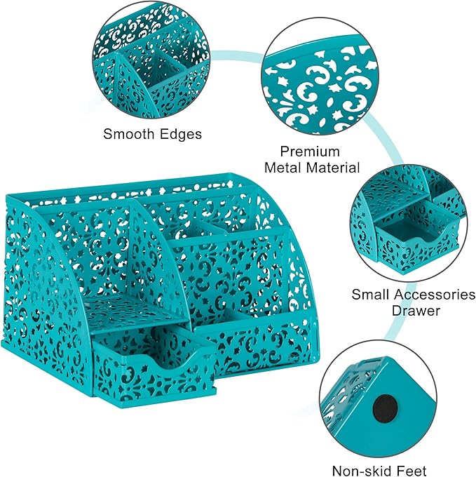 EasyPAG Desk Organizer with Sliding Drawer - 6 Compartments Metal Desktop Caddy, Decorative Elegant Hollow Flower Design, Anti-Scratch Pads for Home, Office, School, Dark Teal