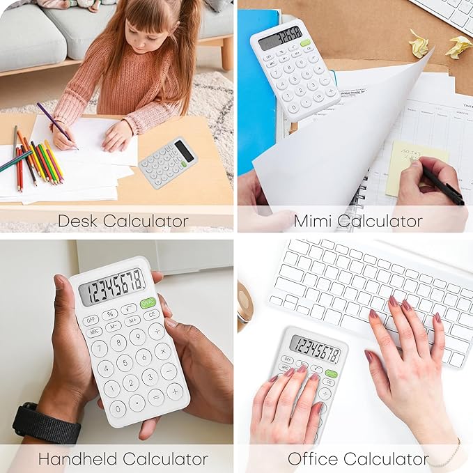 Cute Calculator, Basic Four Function for Teachers Students Basics Office, Small Handheld Calculators, 8 Digit with LCD Display, Sensitive Button, 5.5×3.2 inches White