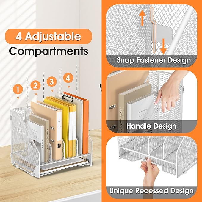 Desk File Folder Holder Organizer-4 Vertical Compartments Racks and Paper Letter Tray,Mesh Magazine File Holder Sorter,Desktop Accessories & Workspace Organizers for Home,Office,School-White