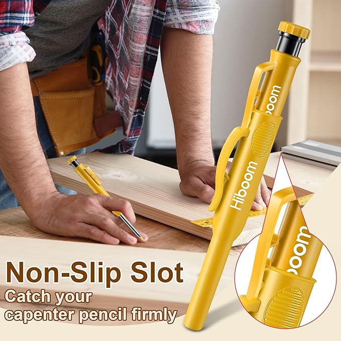 Hiboom 2 Pack Solid Carpenter Pencils with Pencil Cap and 18 Refills, Long Nose Deep Hole Mechanical Pencil Marker, Scribe Tool with Built-in Sharpener for Construction Woodworking Architect (Yellow)