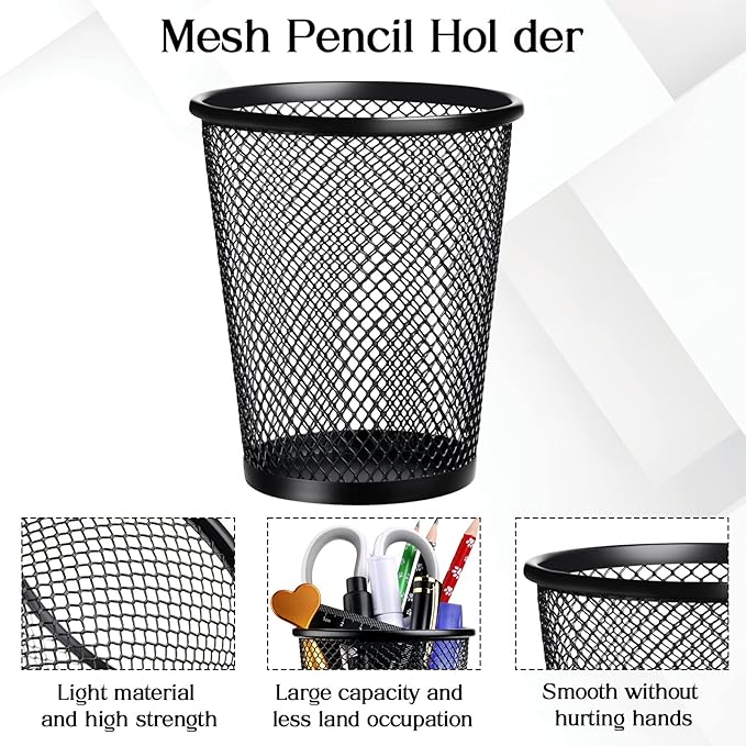 Leelosp 12 Pcs Pen Holder Mesh Pen Cup Bulk Metal Pencil Cup Holder for Desk Black Organizer Round Office Classroom for Back to School Students Kids Adult