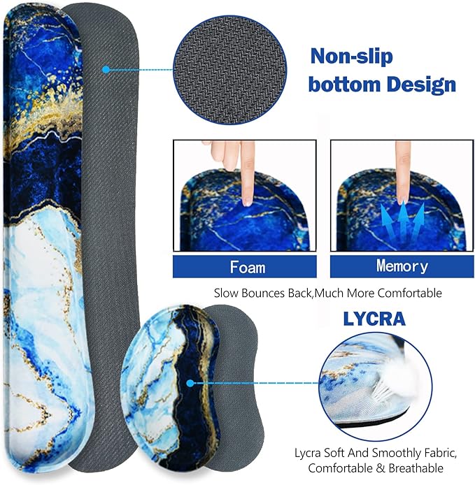 ARTSO Large Gaming Mouse Pad, Keyboard Wrist Rest Pad & Wrist Support Mousepad Set, Stitched Edge, Extended, Non-Slip Base, Memory Foam,Multifunctional Desk Mat 4pcs for Office & Home, Blue Marble