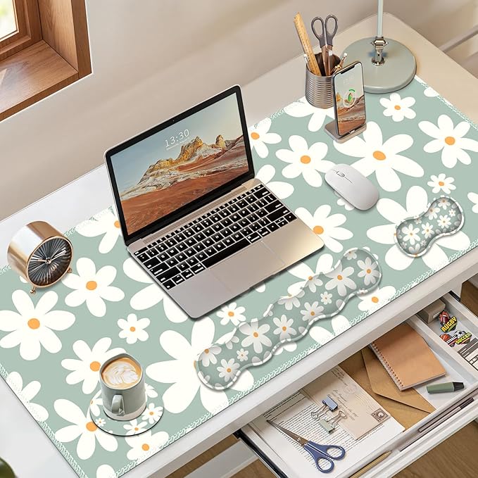 Desk Mat Gaming Mouse Pad, Cute Desk Matt Keyboard Wrist Rest for Desktop, Anti-Slip Big Mousepad Stitched Edges, XXL Large Mouse Pad with Wrist Support for Home Office Computer I Morandi Daisy