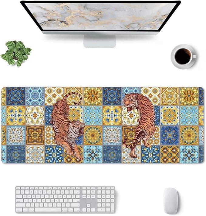 Mexican Tile Tiger Large Mouse Pad, Vintage Aesthetic Gaming Desk Mat, XL Keyboard Desk Pad Mat for Desktop, 31.5"x11.8" Non-Slip Base Big Mousepad with Stitched Edges