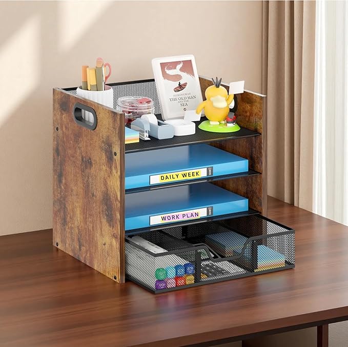 Wood Desk Organizer - 4-Tier Desktop File Organizer with Drawer, Wooden Paper Tray, Office Desk Organizer for Papers, Mail, Notebooks, Stationery