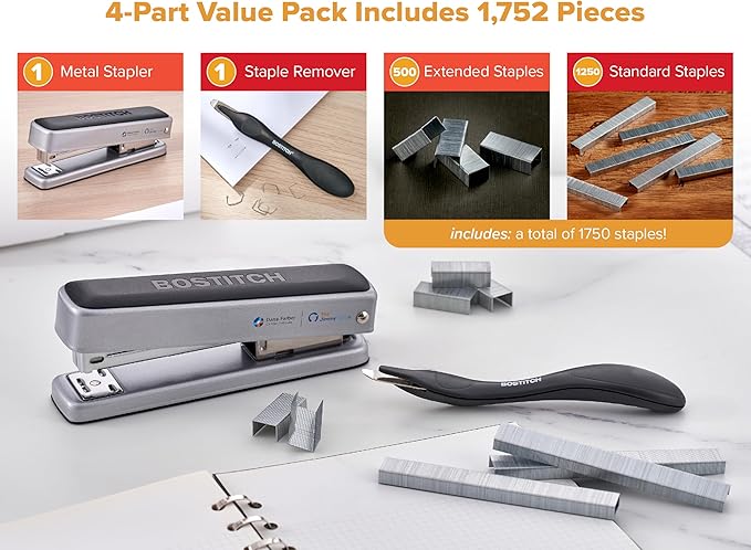 Bostitch Titan Heavy Duty Metal Stapler, 50 Sheet Capacity with 1250 Staples and Ergonomic Staple Remover, Jam Free Stapling, Full Strip Stapler for Desk, Office and Classroom, Silver