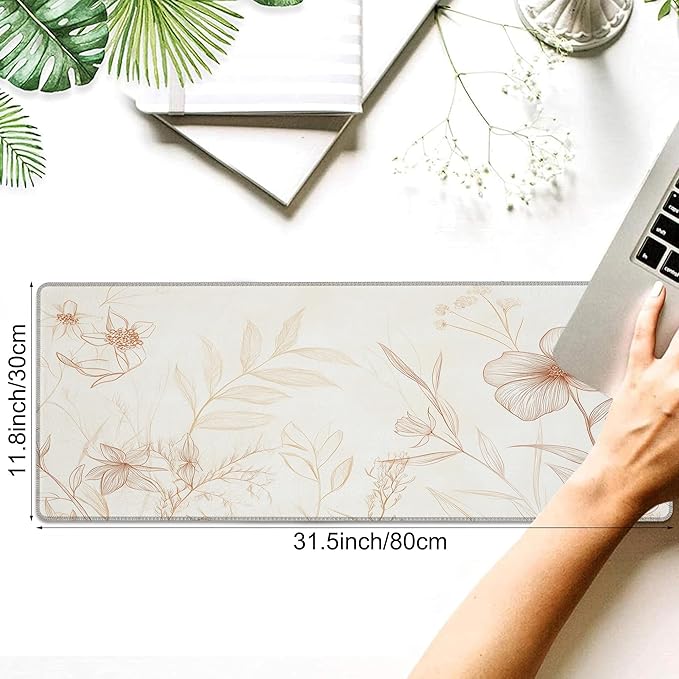 Desk Pad, Vintage Boho Line Botanical Floral XL Gaming Mouse Pad with Stitched Edges,Non-Slip Waterproof Rubber Base Large Desk Mat for Keyboard and Mouse 31.5"x11.8"