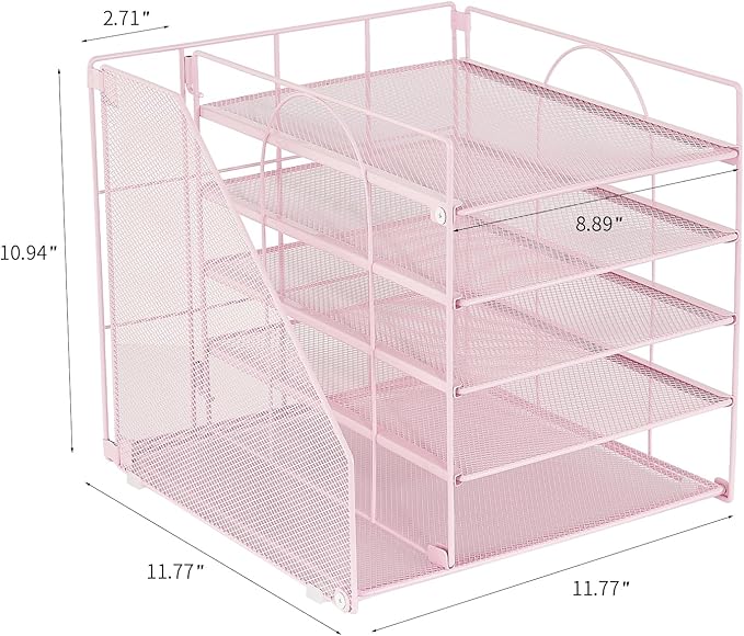 AUPSEN Desk File Organizer, 5-Tier Paper Letter Tray with File Holder Multifunction Office Supplies and Accessories for Office School Home (Pink)