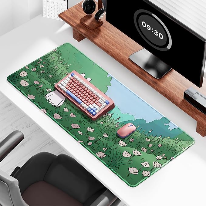Auhoahsil Desk Mat, Ultra Large Mouse Pad, XXL Gaming Mousepad, Pretty Desk Pad, Big Extended Full Size Desktop Desk Matt for Keyboard, Laptop & Computer, 35.5 x 15.7 in, Anime Bunny Green Grass