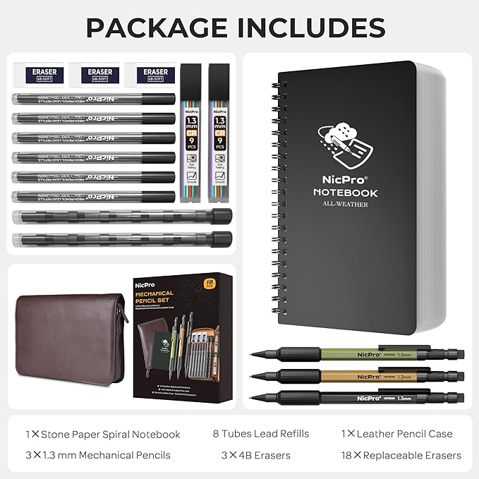 Nicpro 1.3mm Mechanical Pencil Set in Leather Bag with Waterproof Field Notebooks, 3PCS Metal Heavy Duty Carpenter Pencil with Lead Refill & Eraser for Outdoor Journal Travel Drafting Drawing