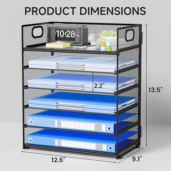 Paper Organizer for Desk Organizers and Accessories for Office 6 Tier Letter Tray Storage with Handle Mesh Desktop Paper Holder for School- Black