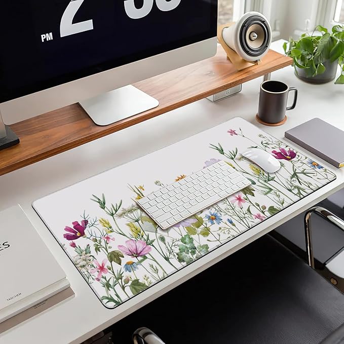 Desk Mat, Vintage Watercolor Flowers Extended Large Gaming Mouse Pad for Desk XXL, Non-Slip Rubber Base Stitched Edges Long Computer Keyboard Desk Pad Mouse Mat for Home Office Gaming 35.4"X15.7"