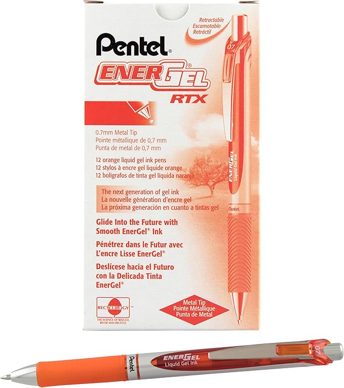 Pentel EnerGel Deluxe RTX Retractable Liquid Gel Pen, Medium Line, Metal Tip, Orange Ink, Box of 12 (BL77-F)