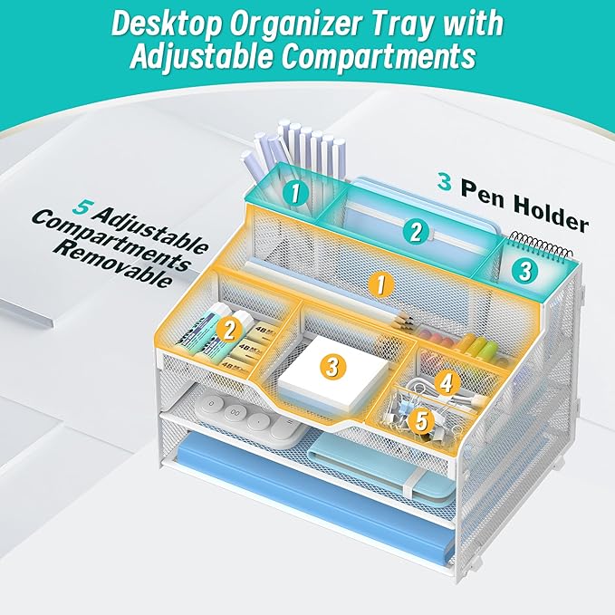 3 Tier Mesh Desk Organizer,Multi Functional Letter Paper Tray with 3 Pen Holders and 5 Adjustable Storage Compartments for Office Supplies Files and Mail Space Saving Desktop Organizer-White