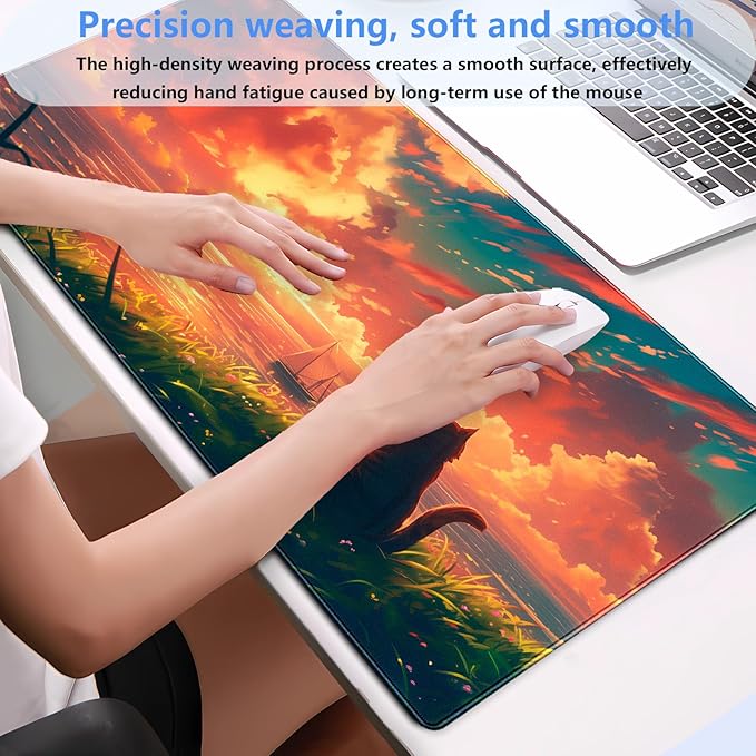 Cute Cat Anime Sunset Ocean Large Gaming Mouse Pad - 31.5x15.7 Inch XL Extended Desk Mat for Keyboard & Mouse, Kawaii PC Desktop Decor