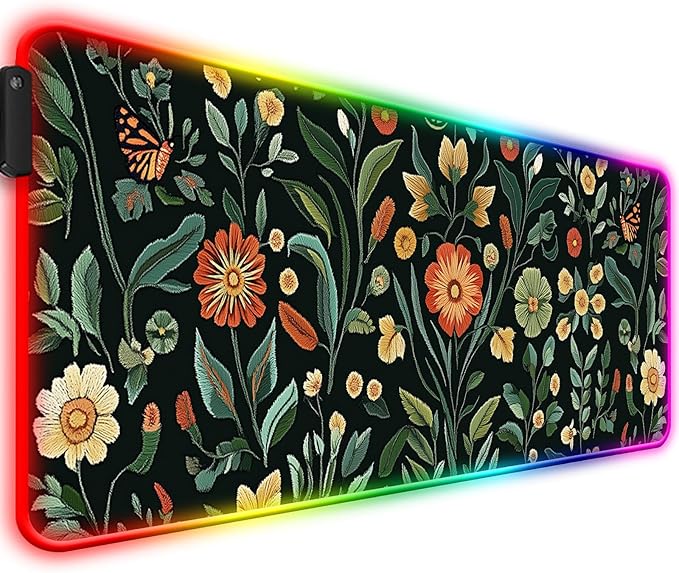 RGB Floral Gaming Desk Mat, Computer Keyboard Large Extended Long Flower Plants LED Mouse Pad for Office and Home, XL (W19)